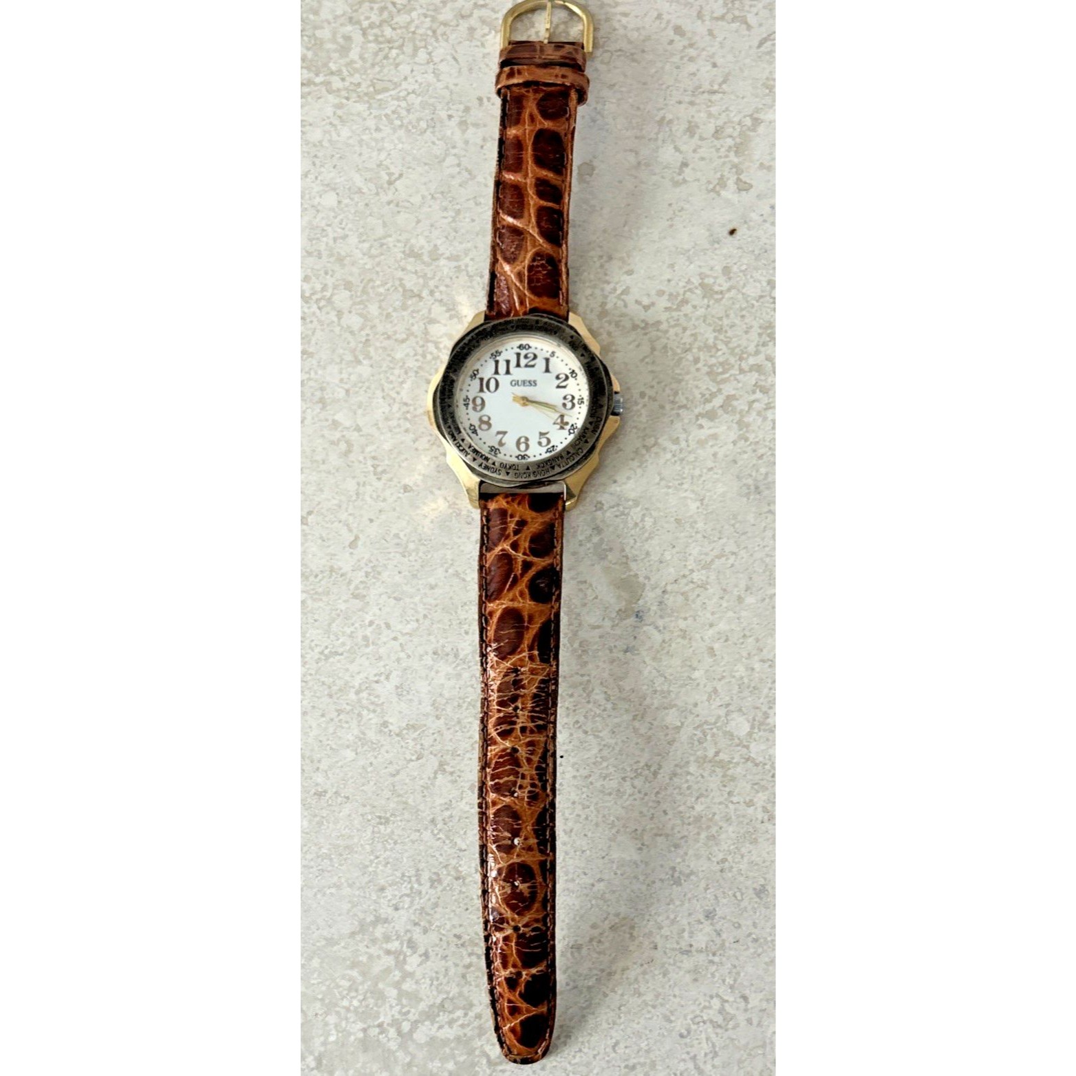 Vintage 1992 Guess World Time Watch Gold Tone White Dial Leather Quartz Runs — image 4 of 8